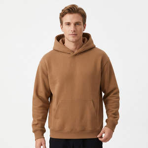 Sweat-shirt à capuche en molleton marron pour homme, coupe oversize, couleur unie, décontracté, avec poche avant, en coton tricoté, anti-plis - Product Image 3