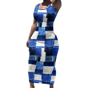 Robe longue côtelée sans manches pour femme, motif écossais bleu, moulante et sexy, en tissu extensible doux, style débardeur, tenue de club, décontractée et tendance - Product Image 3