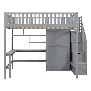 Letto a soppalco full-size per bambini con libreria, cassetti, scrivania e armadio, colore grigio - Product Image 4