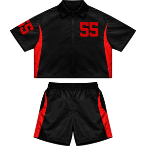 High quality satin polyester windbreaker short set red <b>white</b> panel design embroidered logo Windbreaker Shorts Set for Men - Product Image 4