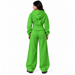 Ensemble de survêtement pour femme vert avec sweat à capuche zippé et pantalon large, broderie universitaire personnalisée, sweats à capuche zippés style corset, streetwear, OEM, vente en gros - Product Image 2