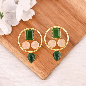 Elegantes Pendientes de Latón Chapado en Oro con Gemas de Hidro Verde y Druzy Blanco, Joyería de Diseño para Mujer, Lote al por Mayor de 10 Pares - Product Image 2