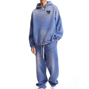 Survêtements d'hiver 100% coton du Pakistan, de haute qualité, coupe ample, effet usé, avec sweat à capuche zippé et pantalon en molleton épais - Product Image 1
