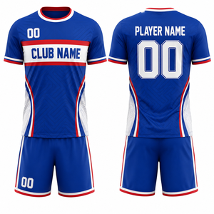 Ensemble de maillots de football personnalisés sublimés bleu blanc rouge col rond manches courtes respirant en polyester pour hommes adultes avec nom d'équipe imprimé - Product Image 1