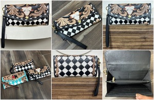 Nouveau portefeuille-bracelet en cuir façonné pour femmes, motif tête de bœuf Western Longhorn, motif à carreaux, élégant et durable, pochette - Product Image 3