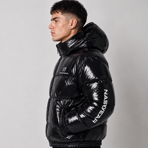 Unique Design Men's Black Hooded <b>Bubble</b> Jacket Waterproof Streetwear Winter <b>Coat</b> with Foil Print and Zipper <b>Bubble</b> Jacket - Product Image 2