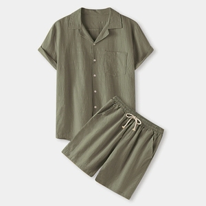 Conjunto de Camisa de Manga Corta y Pantalones Cortos de Algodón Blanco para Hombre, Atuendo Casual de Verano, Cuello Camisero, Transpirable, Color Sólido, Logotipo Frontal - Product Image 3