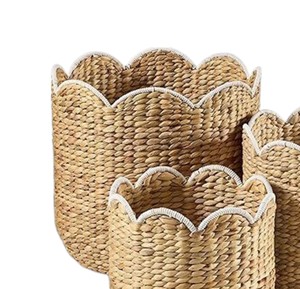 Eco Friendly Handmade Woven Water Hyacinth Basket Decorative Storage <b>Container</b> with Scalloped Top for Home Organization - Product Image 3