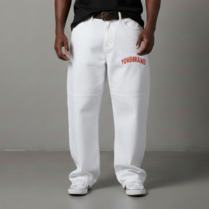 Pantalones Vaqueros de Punto para Hombre, Talla Grande, Estilo Casual, Color Blanco Sólido, Pierna Ancha, 100% Algodón - Product Image 1