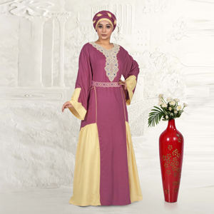 Caftán de Rayón con Diseño Intrincado de Encaje en el Pecho, Paneles en Contraste de Dos Tonos, Mangas Campana Relajadas, Transpirable, Largo hasta el Suelo, Ideal para Eid - Product Image 5