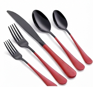 Ensemble de couverts modernes avec finition noire mate et poignées en plastique rouge, compatibles lave-vaisselle, pour usage professionnel et domestique - Product Image 1
