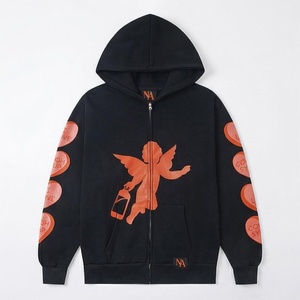 Sweat-shirt à capuche noir pour homme avec imprimé Cupidon orange, fermeture éclair, coupe classique, streetwear - Product Image 1
