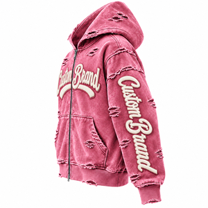 Custom Pink Distressed Zip Up Hoodie Women <b>Men</b> Oversized Acid Wash Streetwear Sweatshirt Vintage Washed Ripped Hoodie Custom <b>Bra</b> - Product Image 3