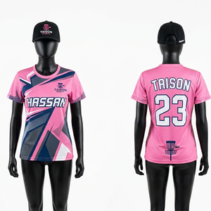 T-shirt de golf pour femmes en tissu polyester léger de qualité supérieure, rose et bleu marine, avec motifs abstraits et logo imprimé par sublimation personnalisé - Product Image 6