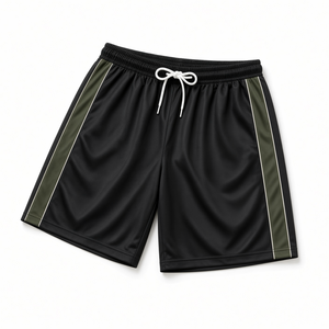 Pantalones Cortos Deportivos Negros para Hombre con Franja Lateral Verde, Cintura con Cordón Ajustable, Secado Rápido, Estilo Atlético, Color Sólido, Largo Bermuda - Product Image 3