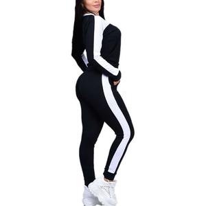 Survêtement sportif écologique pour femme, noir et blanc, à blocs de couleur, manches longues, capuche, pantalon à cordon de serrage, poches latérales, décontracté, automne - Product Image 2