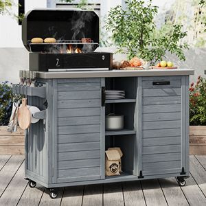 Isola Cucina da Esterno in Acciaio Inossidabile con Carrello Grill in Legno, Tavolo Grill Pieghevole e Contenitore per Rifiuti - Product Image 1