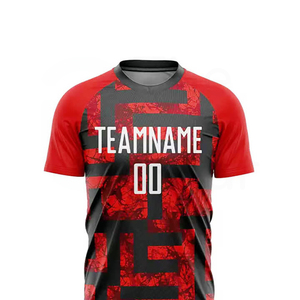 ชุดฟุตบอลชาย สีแดงดำ เสื้อซับลิเมชั่น กางเกงขาสั้น ระบายเหงื่อได้ดี คอกลม แขนสั้น ทรงสปอร์ต - Product Image 3