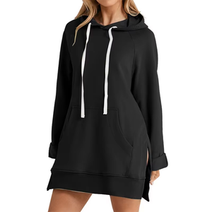 Sudadera con capucha para mujer, estilo vestido, con dobladillo con abertura, cordón ajustable, holgada, con bolsillo grande, tipo jersey, de longitud media, para uso diario, citas y deporte - Product Image 2