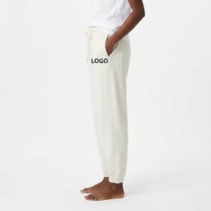 Women's Cream Terry Harem <b>Pants</b> Mid Waist Drawstring Elastic Cuff Loose Fit Full Length Casual Autumn Wear Logo On Right Leg - Product Image 3