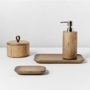 <b>Wood</b> <b>Bathroom</b> Set Three-Piece Minimalist Soap Dispenser Tray Toothbrush Holder Rectangle Design Eco-Friendly Easy To Clean Decor - Product Image 1
