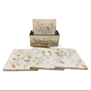 Posavasos Elegantes Clásicos con Incrustaciones Florales Azules, Decorativos Cuadrados de Madreperla, con Caja de Almacenamiento, Decoración para el Hogar, Tapetes de Primera Calidad - Product Image 3