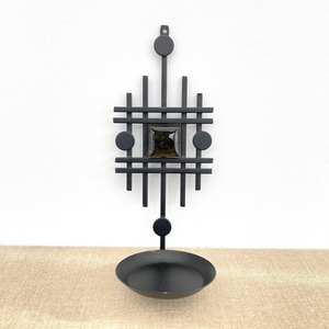Industrial <b>Black</b> Metal Wall Sconce Candle Holder Featuring A Geometric Grid Backplate & Round Pillar <b>Tray</b> For Modern <b>Decoration</b> - Product Image 1