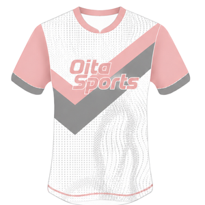Maillot de rugby à manches courtes rose clair, blanc et gris, col rond, graphique, performance athlétique, vêtements de sport d'équipe, entraînement, match de rugby - Product Image 1