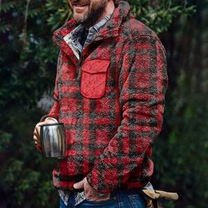 Sweat à capuche à col roulé en peluche à carreaux automne-hiver pour hommes avec faux bouton Sherpa moelleux Pull Streetwear à imprimé ethnique - Product Image 2