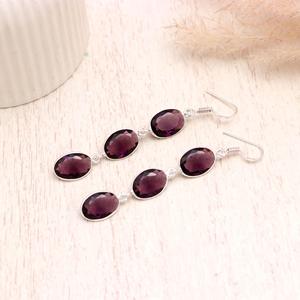 Natural Garnet Gemstone 925 <b>Sterling</b> <b>Silver</b> <b>Dangle</b> <b>Earrings</b>, Faceted Oval Triple Stone Drop <b>Earrings</b>, Handmade Jewelry for Women - Product Image 3