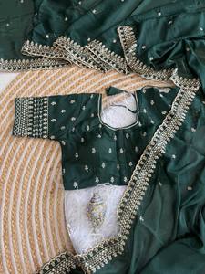 Sari de Seda Verde Esmeralda con Bordado Dorado, Traje Tradicional de Boda para Mujer, Estilo Étnico de India y Pakistán, para Todas las Temporadas - Product Image 3