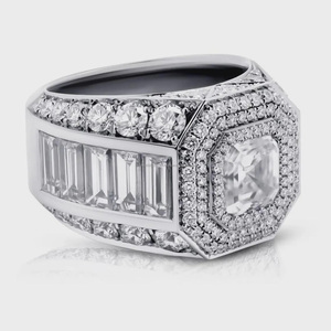 Anillo de compromiso con halo de moissanita y diamantes talla Asscher, baguette y redondos, estilo hip hop, de plata de ley 925, joyería para rapero. - Product Image 2