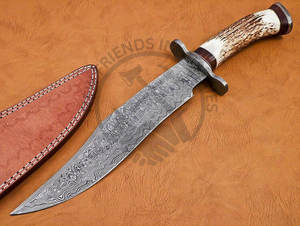 Couteau Bowie en acier Damas fait main, neuf, 15 pouces, lame fixe, couteau de chasse, couteau de survie en plein air avec manche en bois de cerf/Damas - Product Image 6