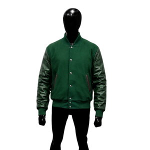 CUSTOM GREEN <b>VARSITY</b> <b>JACKET</b> MOCKUP FRONT VIEW PREMIUM <b>BOMBER</b> <b>JACKET</b> DESIGN COLLEGE STYLE APPAREL FASHION OUTERWEAR FRONT VIEW - Product Image 1
