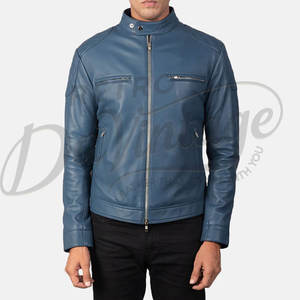 Veste en cuir bleu ardoise pour homme, matelassée losanges aux épaules, en véritable peau de mouton, coupe ajustée, automne-hiver, style décontracté, veste de motard - Product Image 4