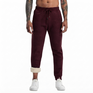 Manufacturer Men's Burgundy Sherpa Lined Lightweight <b>Linen</b>/Cotton Anti-Pilling Spring Fleece Drawstring Closure Joggers Casual - Product Image 1