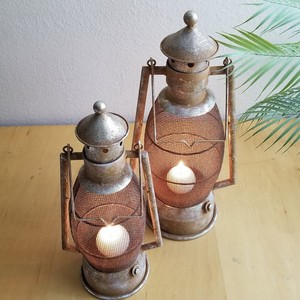Vintage Metal <b>Lantern</b> <b>Set</b> with Candle Holder Cylindrical Shape Durable Finish for Home Decoration - Product Image 3
