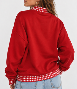 Pull-over décontracté à col roulé pour femme, personnalisé, en coton, coupe oversize, à épaules tombantes, avec patchwork à carreaux vichy et pois, vente en gros - Product Image 3