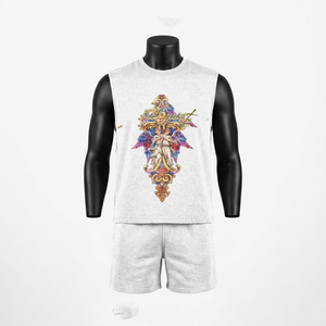 Premium 260 GSM cotton sleeveless graphic short set vintage washed grey custom screen print Sleeveless shirt and Shorts Set - Product Image 4