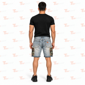 Men's Stonewashed Denim <b>Shorts</b> With <b>Camo</b> Patch Pockets Mid Waist Casual Summer Style 100% Cotton Breathable Denim <b>Shorts</b> - Product Image 4