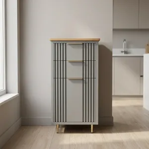 Scandinavian Gray Storage Bathroom <b>Cabinet</b> with Wood Top and Brass Handles 3 Drawers Space Saving Design - Product Image 4