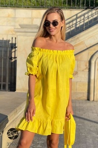 2024 robe en coton à fleurs pour femmes Super Sexy jaune hors épaule courte taille naturelle élégante pour les fêtes à usage quotidien pour les filles - Product Image 3
