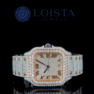 Montre de luxe pour homme, style hip-hop, à quartz, en acier inoxydable, avec bracelet en diamants Moissanite VVS, cadran blanc à chiffres romains, entièrement pavée sur mesure - Product Image 1