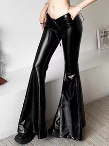 New Personality Drawstring Folding Bow PU Leather Flare Pants Europe And The United States Sexy Low Slim Fit Stretchable - Product Image 2