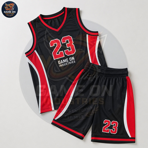 Black And Red Contrast Color OEM Lightweight Sports Outfit Breathable Athletic Training Wear Men's Basketball Game Uniform - Product Image 4