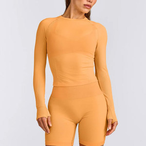 Custom <b>Thumb</b> Hole Design <b>Cuffs</b> Solid Color Long Sleeve Shirt Women Crop Length Pattern Workout Wear Fitness Tight Shirt - Product Image 1
