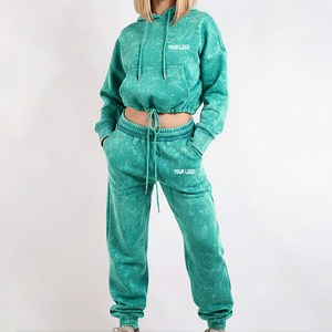 Hot Selling Acid Washed Relaxed Fit Crop Top Hoodie & Baggy Jogger <b>Set</b> Breathable Fashionable Hip Hop Tracksuit For Women - Product Image 1
