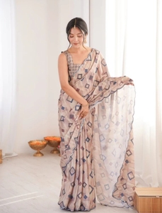 Sari d'automne réversible en soie mélangée, imprimé géométrique et graphique, sans plis, pour femme, style Bollywood - Product Image 6
