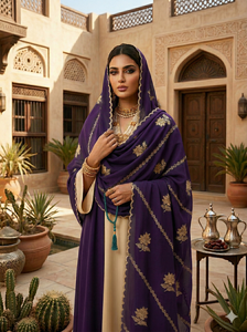 Châle islamique pour femme en voile de polyester, motif floral brodé de strass dorés multicolores, respirant, grande fleur en coton, mode estivale - Product Image 3