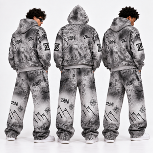 Ensemble survêtement gris à capuche pour homme, coupe ample, style streetwear, sweat-shirt et pantalon avec poches latérales, idéal pour l'automne - Product Image 2